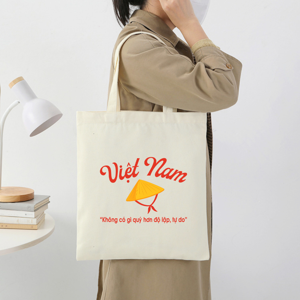 Túi tote có khóa kéo không khóa kéo hình nón Độc Lập Tự Do Hạnh Phúc túi vải canvas đeo vai đi chơi 35 x 40cm tota0230