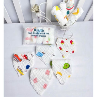 Set 5 khăn sữa 6 lớp muslin organic kiluta