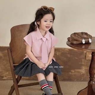[B&G] Sét váy áo sơ mi hồng cỏ cavat hồng phối chân váy xám xếp ly cho bé gái từ 10-45kg(2-12 tuổi)