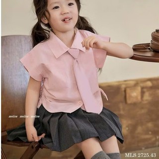 [B&G] Sét váy áo sơ mi hồng cỏ cavat hồng phối chân váy xám xếp ly cho bé gái từ 10-45kg(2-12 tuổi)
