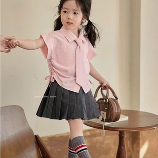 [B&G] Sét váy áo sơ mi hồng cỏ cavat hồng phối chân váy xám xếp ly cho bé gái từ 10-45kg(2-12 tuổi)