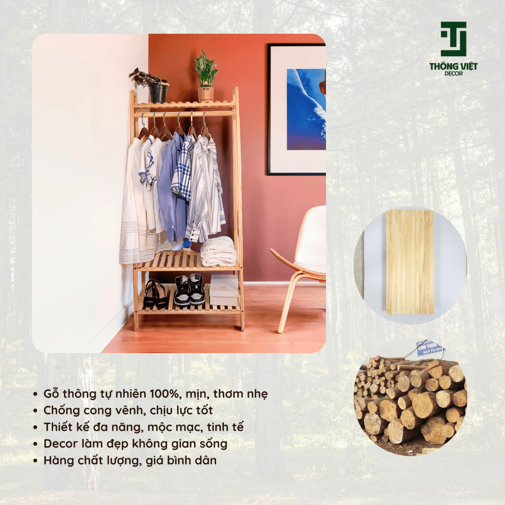 Kệ Gỗ Vát Treo Quần Áo, Tủ Giá Treo Đồ  2 Tầng Gỗ Thông Tự Nhiên Trang Trí Chống Mối Mọt Chịu Lực Tốt