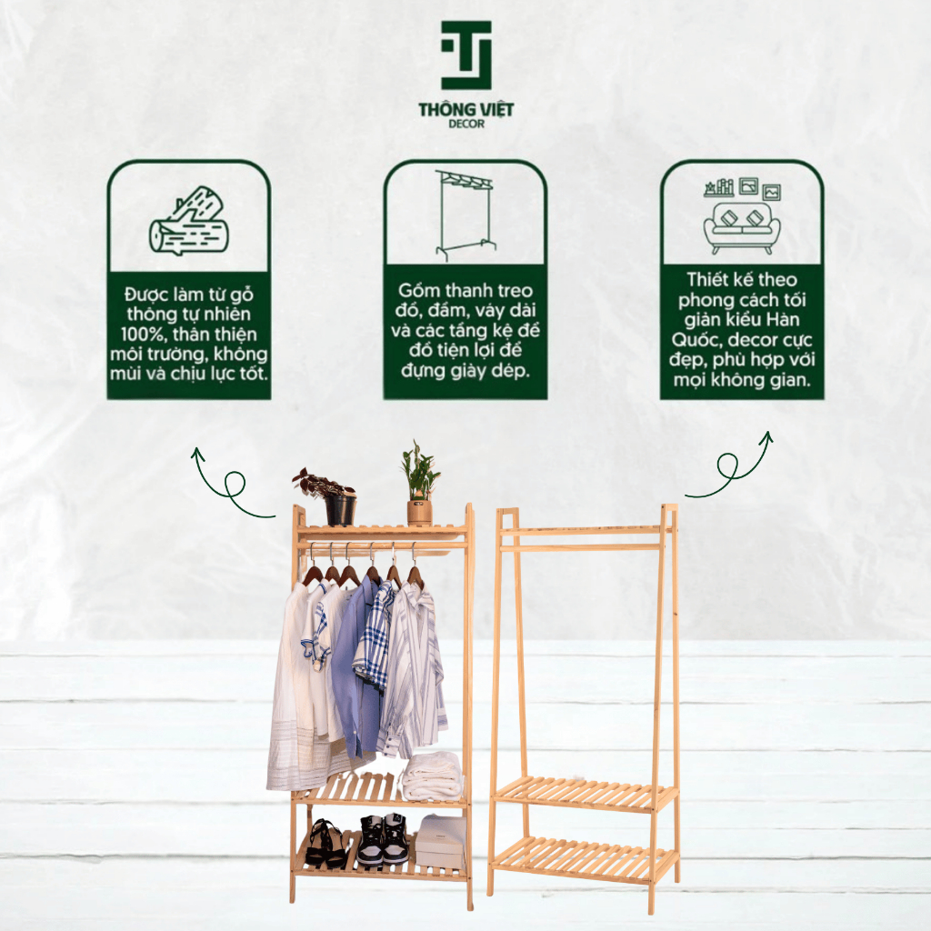 Kệ Gỗ Vát Treo Quần Áo, Tủ Giá Treo Đồ  2 Tầng Gỗ Thông Tự Nhiên Trang Trí Chống Mối Mọt Chịu Lực Tốt