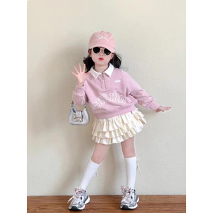 Sét váy thu đông Áo sweater hồng pastel phối chân váy tầng bồng bềnh cho bé gái từ 10-45kg