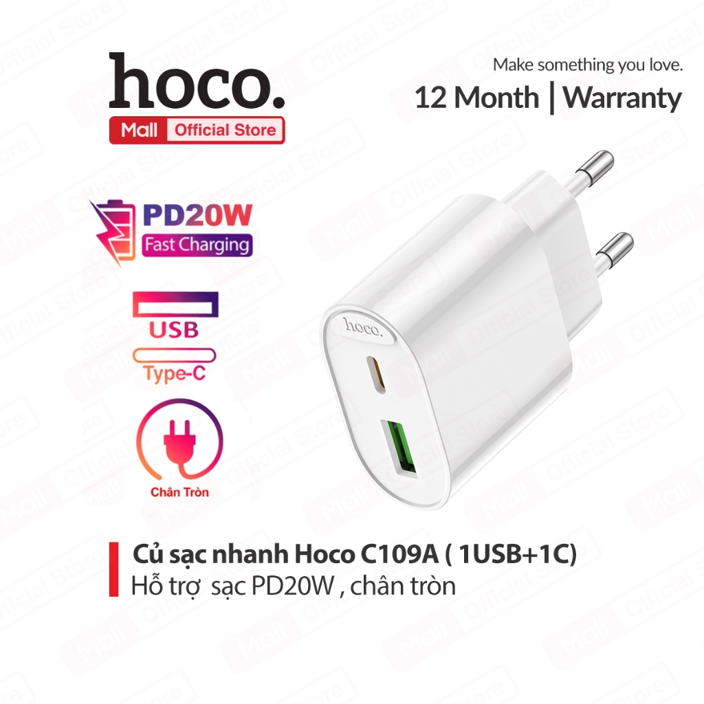 Củ Sạc Nhanh Hoco C109 / C109A PD20W 1 cổng USB và 1 cổng Type-C, chân ...