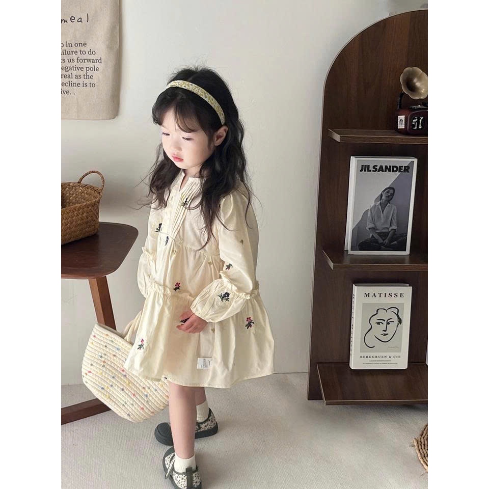 Váy Cho Bé Gái HANIA KIDS, Váy Babydoll Thêu Hoa Nhí Tay Bo Chất Liệu An Toàn Với Da Bé