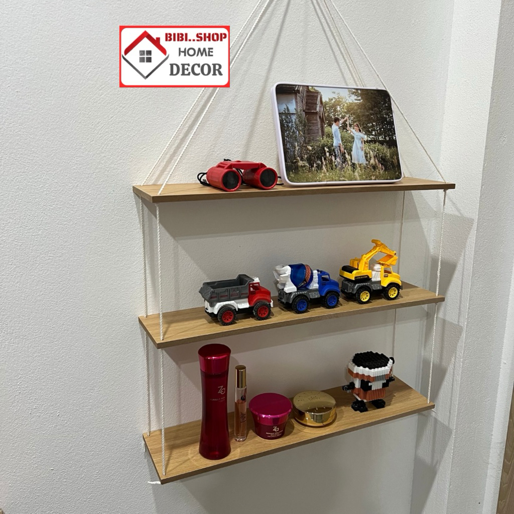 Kệ gỗ treo tường trang trí 3 tầng 4 tầng, Kệ treo tường dây thừng decor xinh