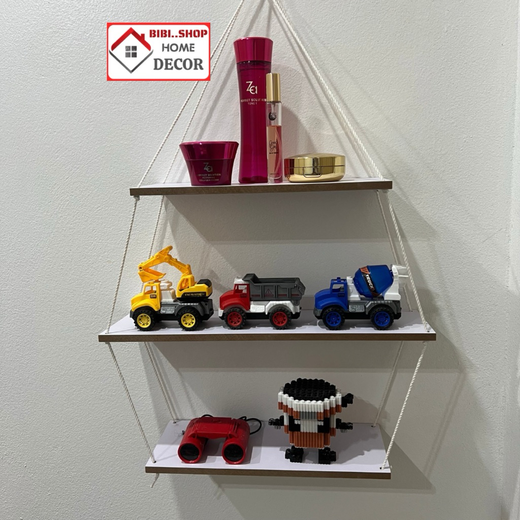 Kệ gỗ treo tường trang trí 3 tầng 4 tầng, Kệ treo tường dây thừng decor xinh