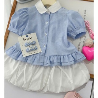 [B&G] Sét váy áo sơ mi kẻ xanh kèm chân váy trắng bí cho bé gái đi chơi 10-45kg