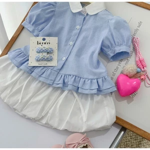 Sét váy áo sơ mi kẻ xanh kèm chân váy trắng bí cho bé gái đi chơi 10-45kg