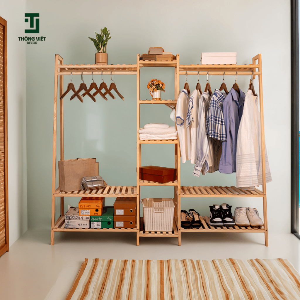 Kệ Treo Quần Áo Gỗ Thông, Tủ Treo Quần Áo Vát 3 Ngăn Size To Nhỏ Chống Mối Mọt Chịu Lực Tốt Bền Đẹp