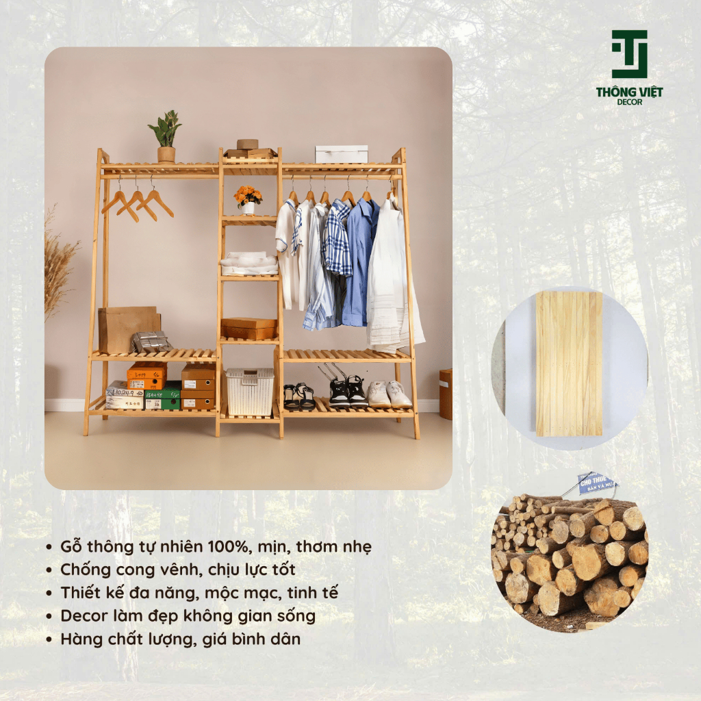 Kệ Treo Quần Áo Gỗ Thông, Tủ Treo Quần Áo Vát 3 Ngăn Size To Nhỏ Chống Mối Mọt Chịu Lực Tốt Bền Đẹp
