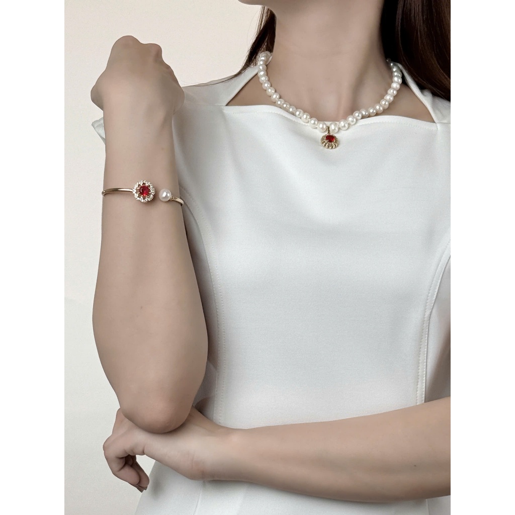 SET53 - Bộ trắng Sức ngọc trai Hoa Nhụy Hồng Ngọc 7-8 li - Vòng Cổ, Vòng Tay, Bông Tai và Nhẫn - Forever Young