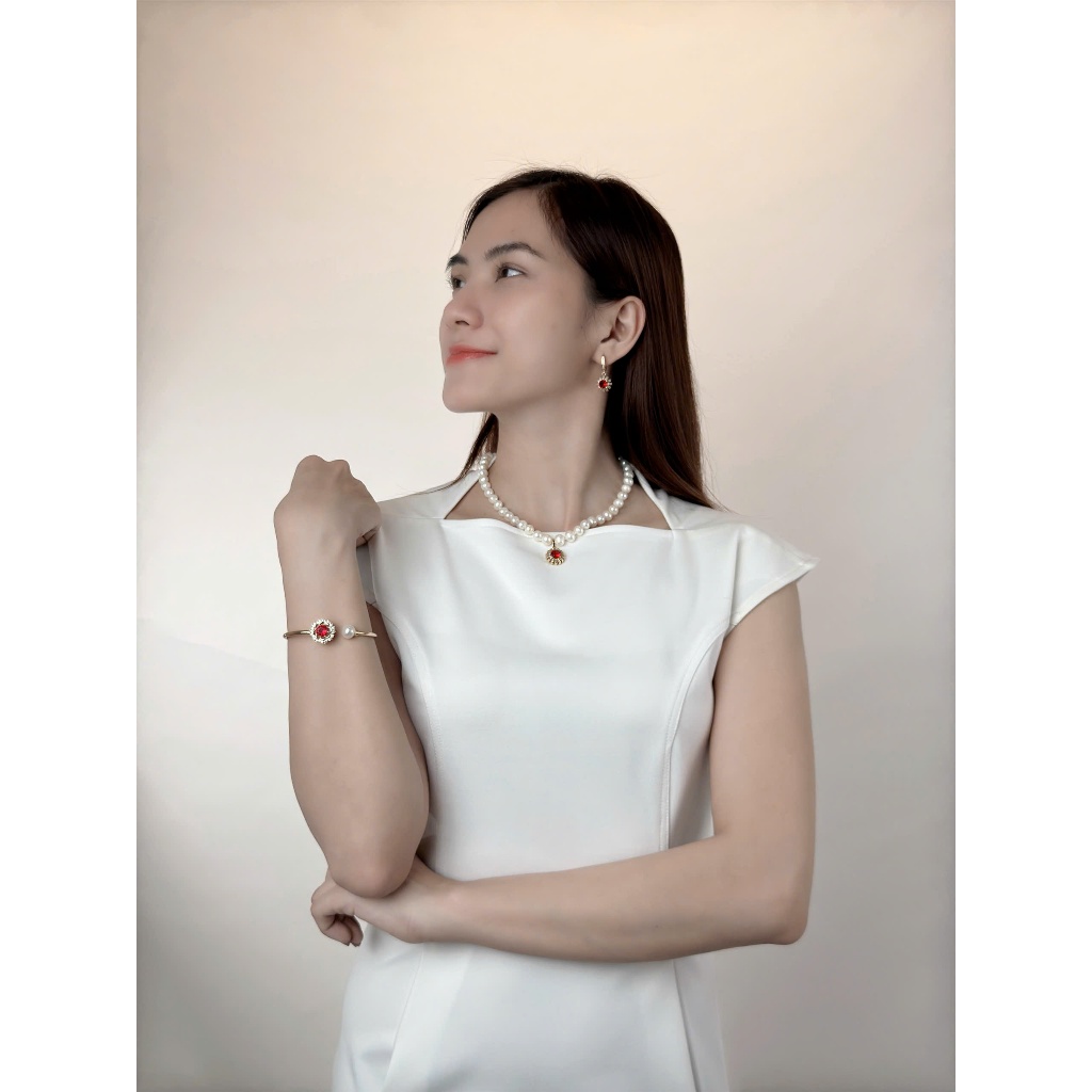 SET53 - Bộ trắng Sức ngọc trai Hoa Nhụy Hồng Ngọc 7-8 li - Vòng Cổ, Vòng Tay, Bông Tai và Nhẫn - Forever Young