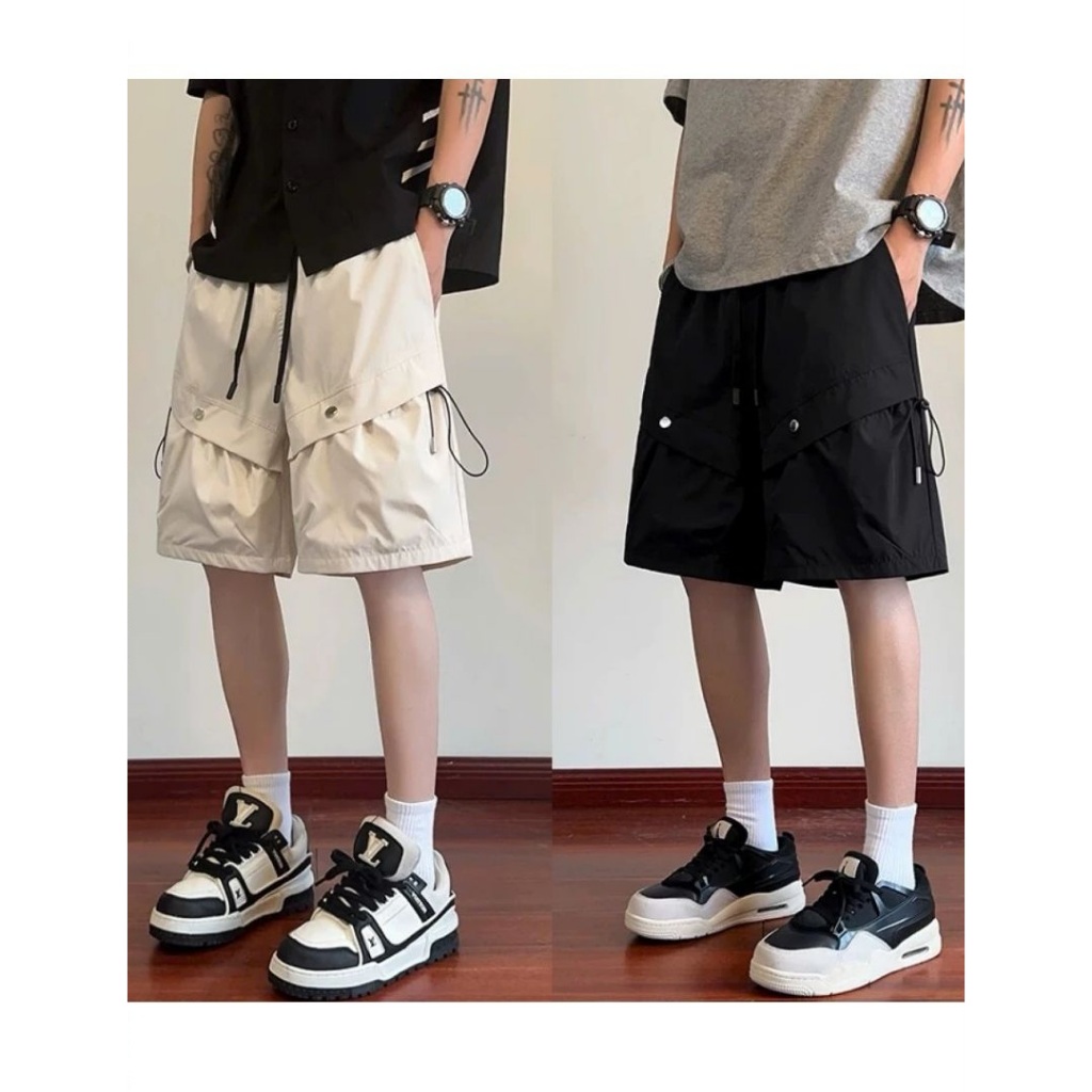Quần short đùi ống rộng túi hộp chỉ nổi cạp chun dây rút Quần sooc đen chỉ trắng nam nữ T53G