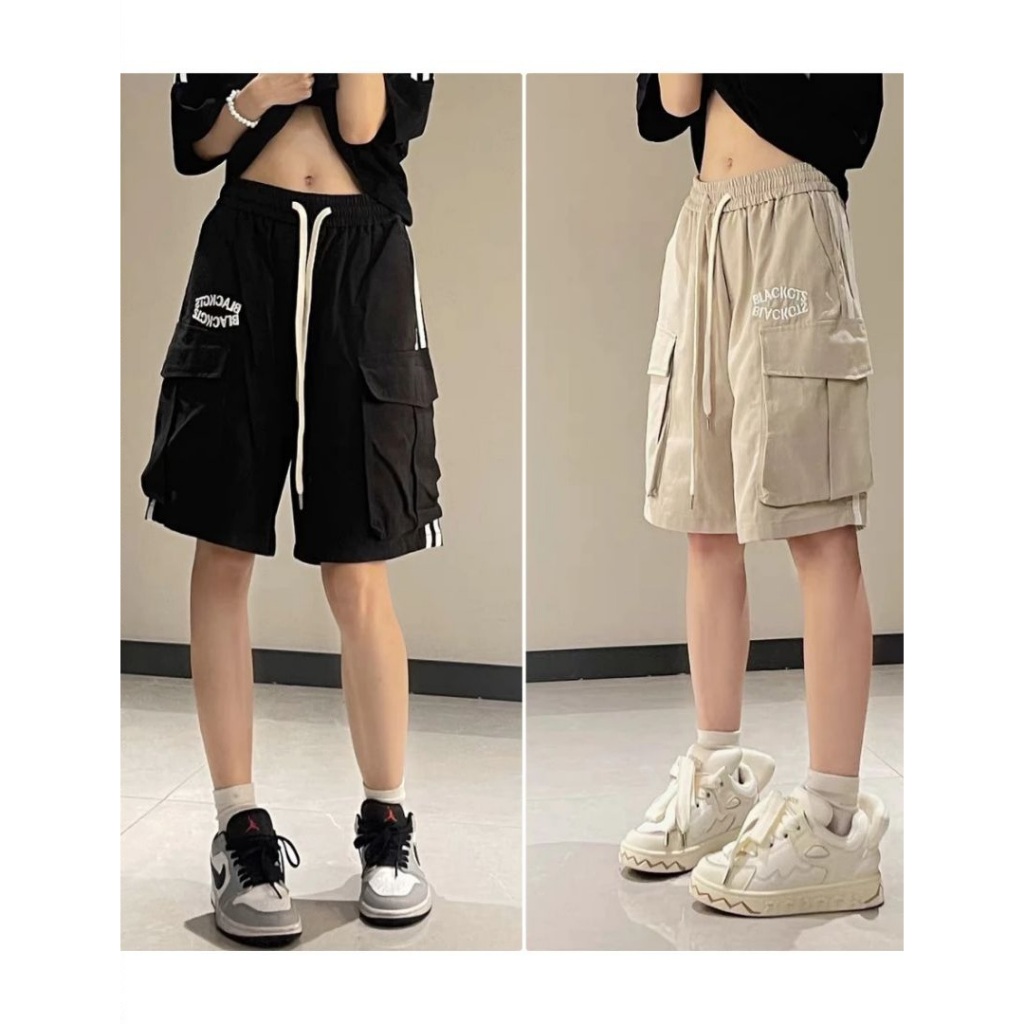 Quần short đùi ống rộng túi hộp chỉ nổi cạp chun dây rút Quần sooc đen chỉ trắng nam nữ T53G