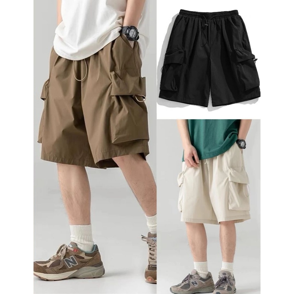 Quần short đùi ống rộng túi hộp chỉ nổi cạp chun dây rút Quần sooc đen chỉ trắng nam nữ T53G