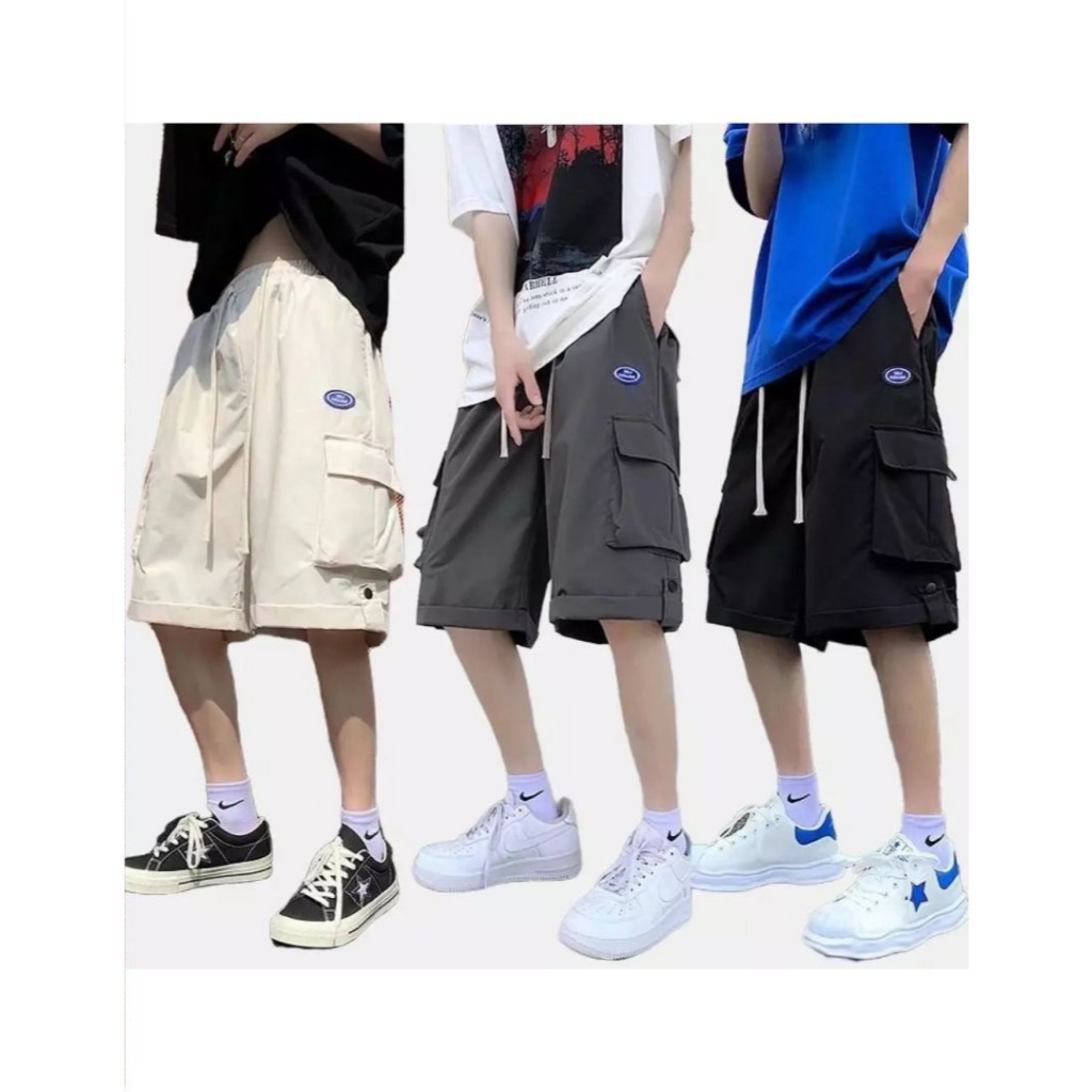 Quần short đùi ống rộng túi hộp chỉ nổi cạp chun dây rút Quần sooc đen chỉ trắng nam nữ T53G