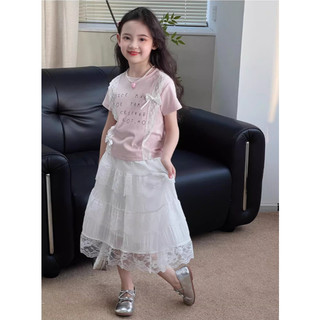 [B&G] Sét váy áo thun hồng kèm chân váy dài trắng tầng dễ thương cho bé gái từ 10-45kg(2-12 tuôi)