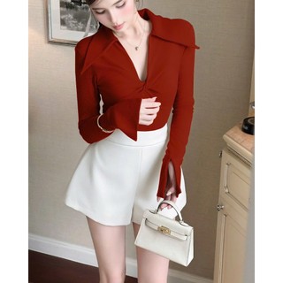 Áo thun nữ cổ xoắn cách điệu. Áo thun dài tay phối tay loe sang chảnh chất đẹp A12