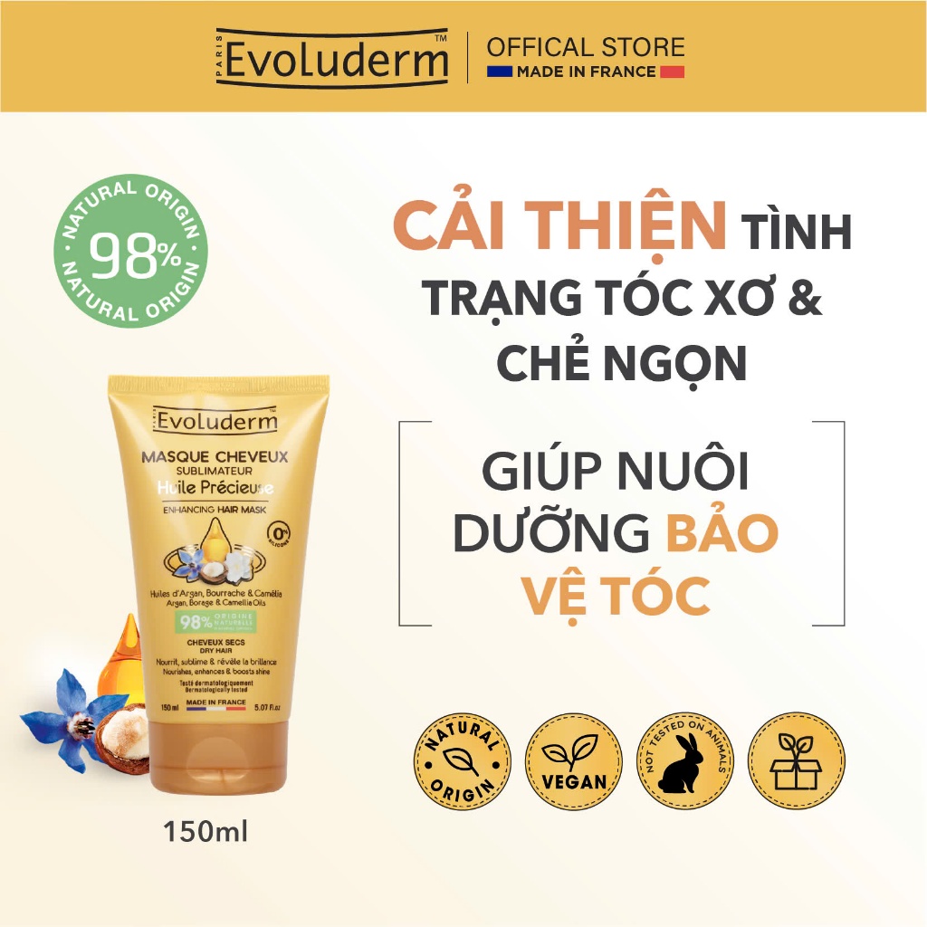 [HSD:7.2026] Kem ủ tóc argan và hoa trà cho tóc khô và bị hư tổn Evoluderm Huile Précieuse150ml