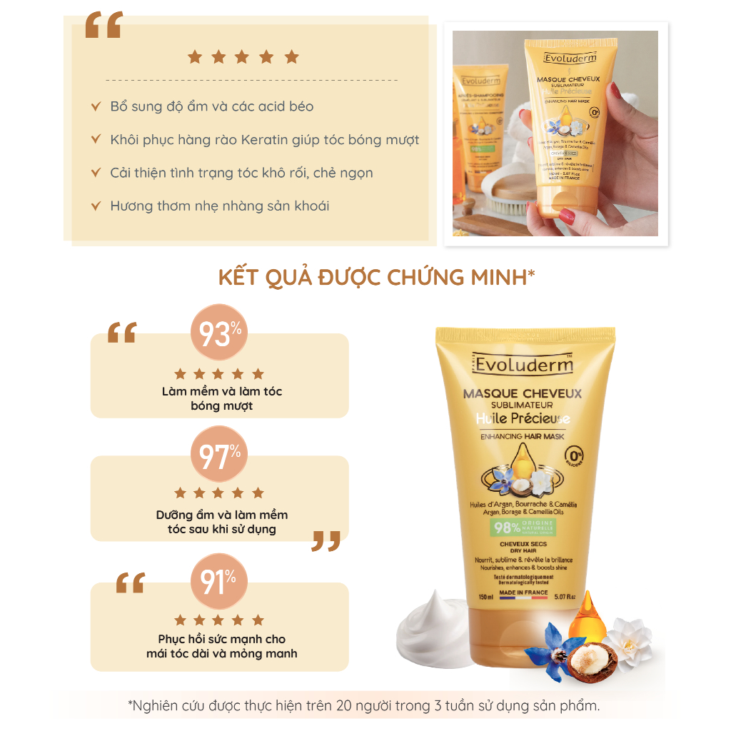 [HSD:7.2026] Kem ủ tóc argan và hoa trà cho tóc khô và bị hư tổn Evoluderm Huile Précieuse150ml