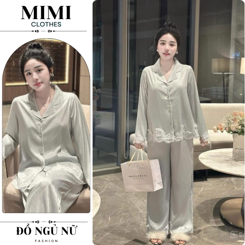 Đồ ngủ nữ, bộ pijama nữ tông màu trơn phối ren gấu chất lụa siêu