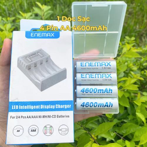 [CHÍNH HÃNG] Combo 1 Bộ Sạc + 4 Pin AA Enemax 4600mAh Tính năng nổi bật:  Sạc nhanh, tiết kiệm pin dự phòng.  An toàn, c