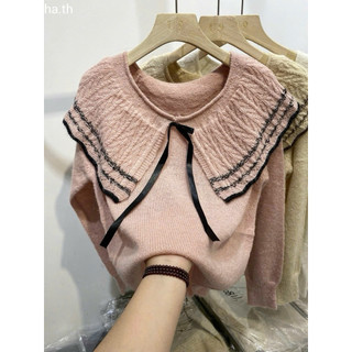 LT - Áo len nữ dài tay thu đông, cổ bẻ choàng vai đính nơ tiểu thư vintaget 1256