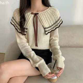 LT - Áo len nữ dài tay thu đông, cổ bẻ choàng vai đính nơ tiểu thư vintaget 1256