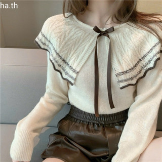 LT - Áo len nữ dài tay thu đông, cổ bẻ choàng vai đính nơ tiểu thư vintaget 1256