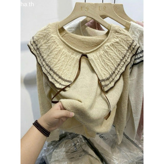 LT - Áo len nữ dài tay thu đông, cổ bẻ choàng vai đính nơ tiểu thư vintaget 1256