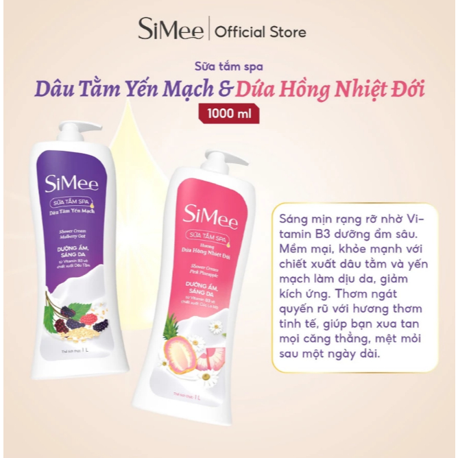 Sữa tắm spa SiMee hương Dứa Hồng – Dâu Tằm Yến Mạch | Dưỡng trắng – Dưỡng ẩm – Dịu da | Chai 1L