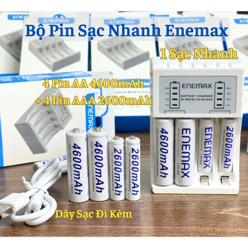 Bộ Sạc Nhanh Enemax  gồm 1 sạc nhanh +4 Pin AA 4600mAh + 4 Pin AAA 2600mAh