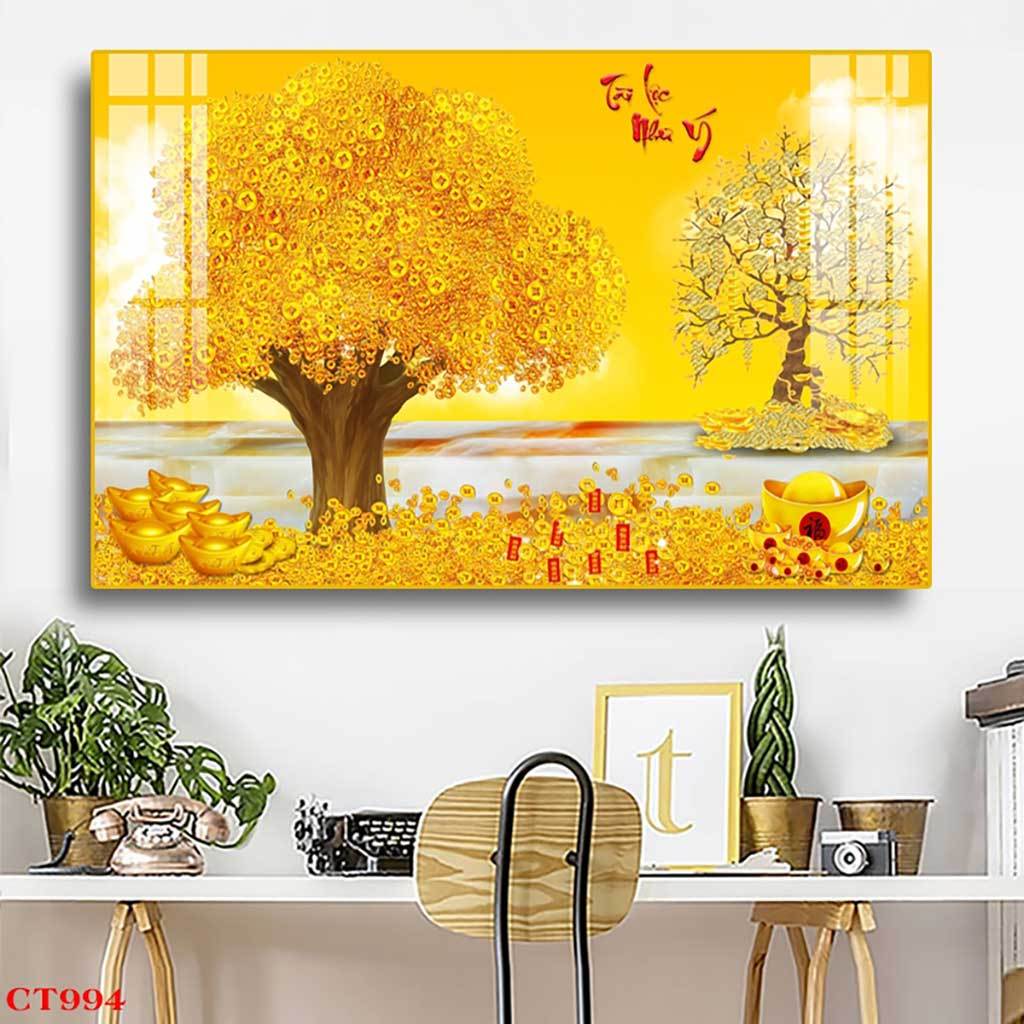 Tranh Cây Kim Tiền Tài Lộc May Mắn Tráng Gương Cao Cấp Treo Phòng Khách