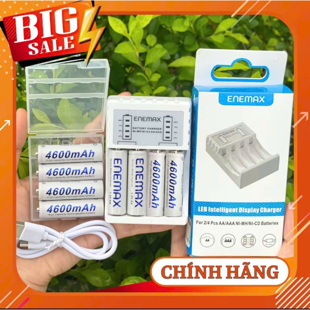 Combo 1 Sạc + 8 Pin AA 4600mAh Pin sạc nhanh Enemax, sạc nhanh 1.5V.  Pin dùng cho mic hát karaoke, đồng hồ, đồ chơi trẻ