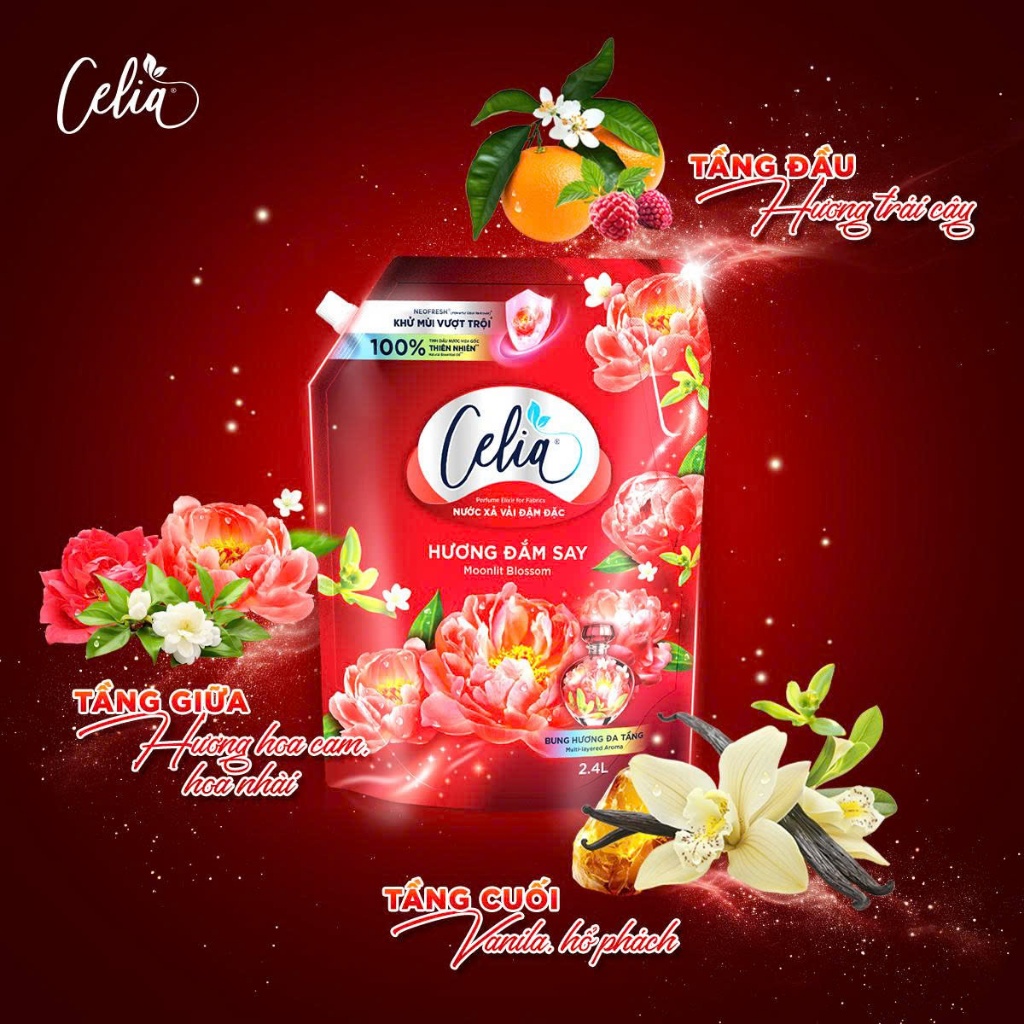Túi Nước Xả Vải Celia Hương Đắm Say túi 2.4L, Xả mềm vài lưu hương THƠM LÂU
