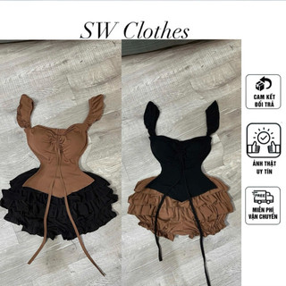 Set 2 món áo trễ vai rút dây + chân váy bí nhiều tầng