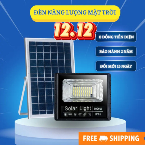 Đèn Pha Năng Lượng Mặt Trời 3000W - Vỏ Nhựa, Chống Nước IP69, Sáng 6-8 Tiếng, Không Sử Dụng Điện