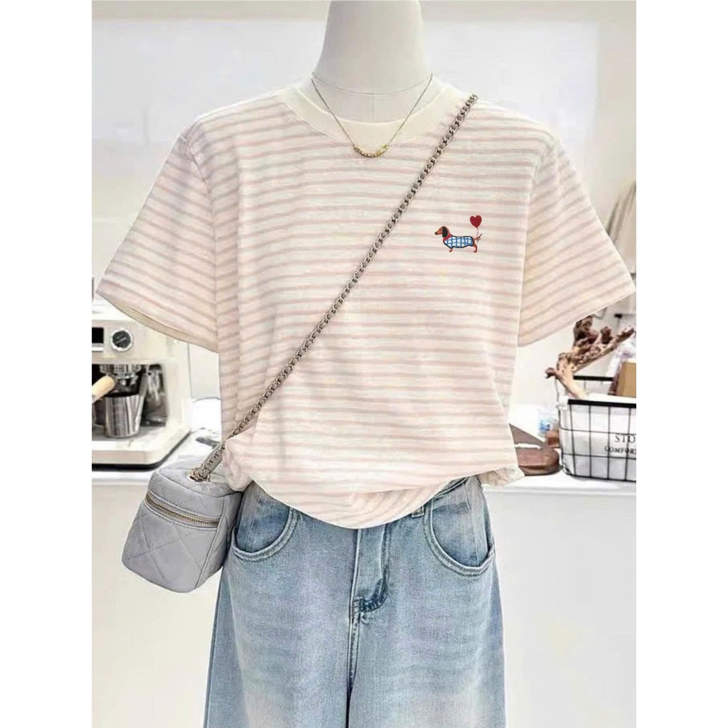 Áo thun nữ ngắn tay kẻ sọc in hình thời trang JULY fashion2023, Áo phông nữ sọc ngang chất cotton 4 chiều dày dặn