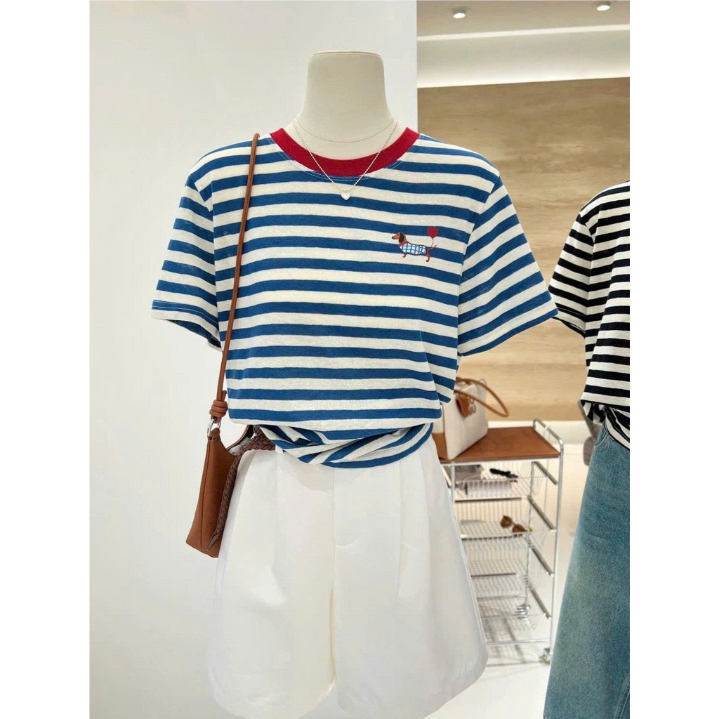Áo thun nữ ngắn tay kẻ sọc in hình thời trang JULY fashion2023, Áo phông nữ sọc ngang chất cotton 4 chiều dày dặn