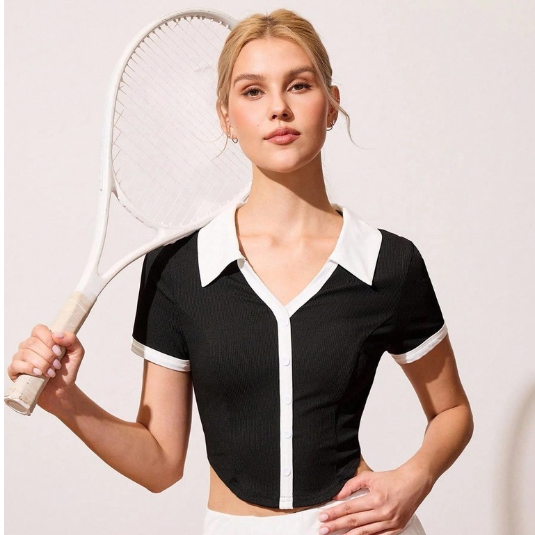 Áo Pickleball Nữ UYNSPORTY Croptop Tay Ngắn Phối Màu Đen Trắng – Tennis, Golf , Áo Thể Thao Nữ