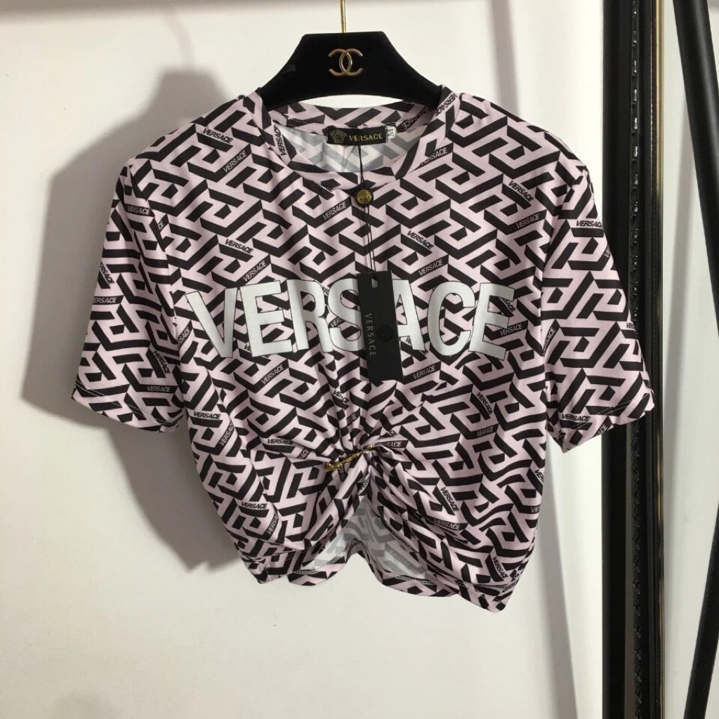 set áo sơ mi và quần short sọc hồng đen Versace