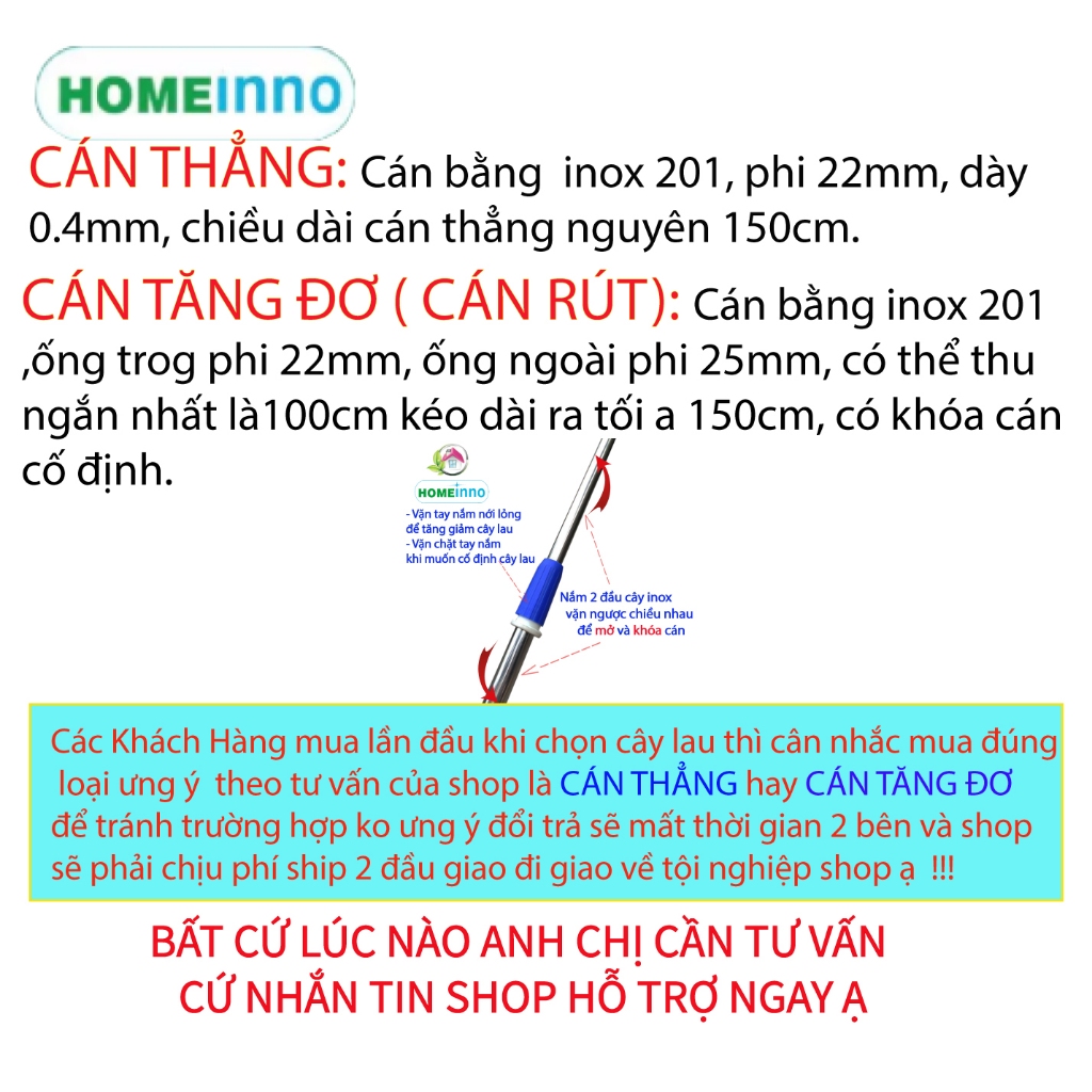 Cây Lau Nhà Công Nghiệp CÁN THẲNG Inox Bẹ San Hô 80cm Homeinno Dài 150cm