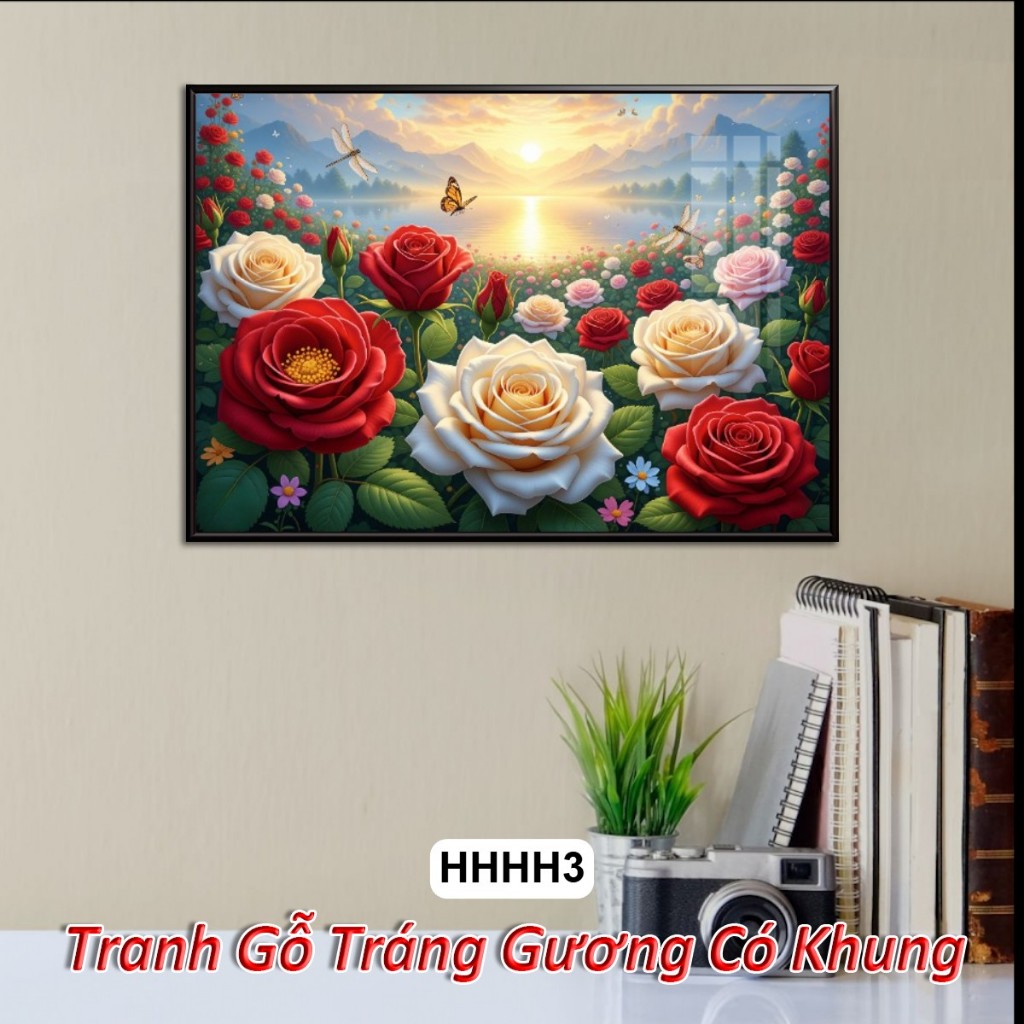 Tranh Hoa Hồng 4K Khổ Ngang Tuyệt Đẹp Dưới Ánh Bình Minh – Tranh Gỗ Tráng Gương Có Khung Decor Nhà Cửa, Phòng Khách