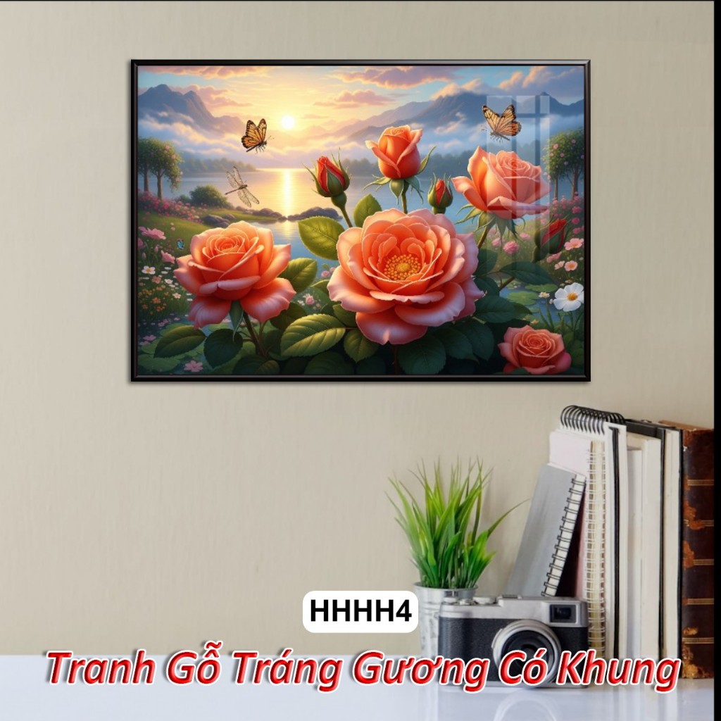 Tranh Hoa Hồng 4K Khổ Ngang Tuyệt Đẹp Dưới Ánh Bình Minh – Tranh Gỗ Tráng Gương Có Khung Decor Nhà Cửa, Phòng Khách