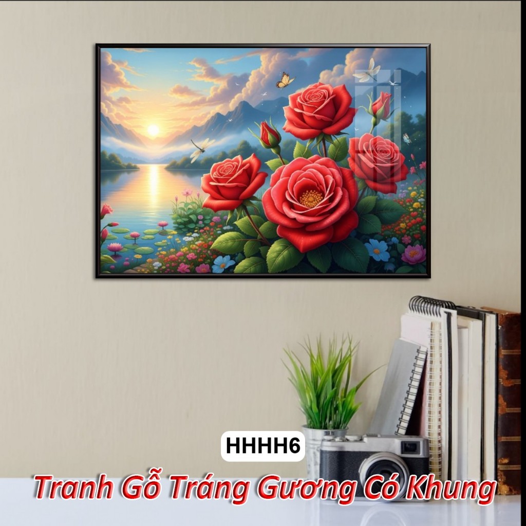 Tranh Hoa Hồng 4K Khổ Ngang Tuyệt Đẹp Dưới Ánh Bình Minh – Tranh Gỗ Tráng Gương Có Khung Decor Nhà Cửa, Phòng Khách