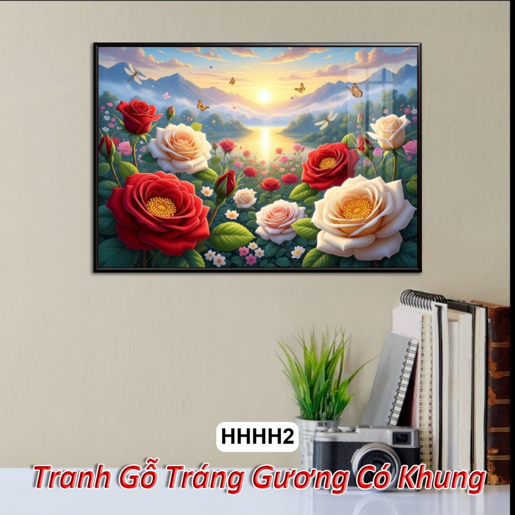 Tranh Hoa Hồng 4K Khổ Ngang Tuyệt Đẹp Dưới Ánh Bình Minh – Tranh Gỗ Tráng Gương Có Khung Decor Nhà Cửa, Phòng Khách