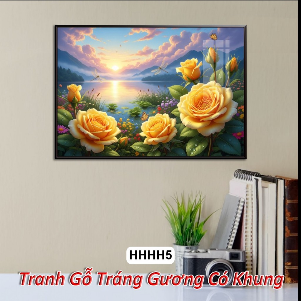 Tranh Hoa Hồng 4K Khổ Ngang Tuyệt Đẹp Dưới Ánh Bình Minh – Tranh Gỗ Tráng Gương Có Khung Decor Nhà Cửa, Phòng Khách