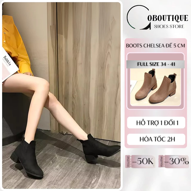 Giày boot chelsea đế vuông boot nữ 3 phân da lộn trơn boot nữ cổ ngắn phong cách Korea S074